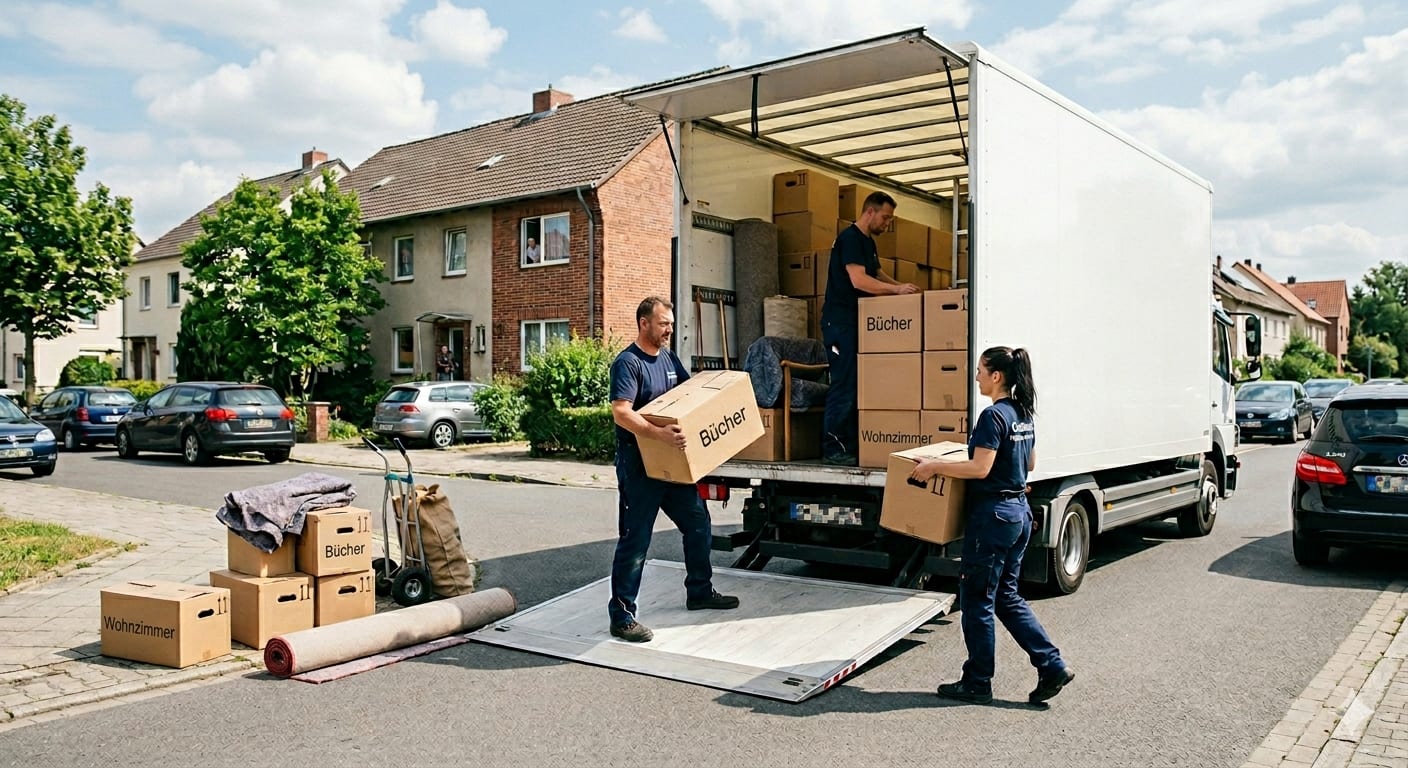 Umzugsteam belädt einen Umzugswagen mit Kartons in Braunschweig